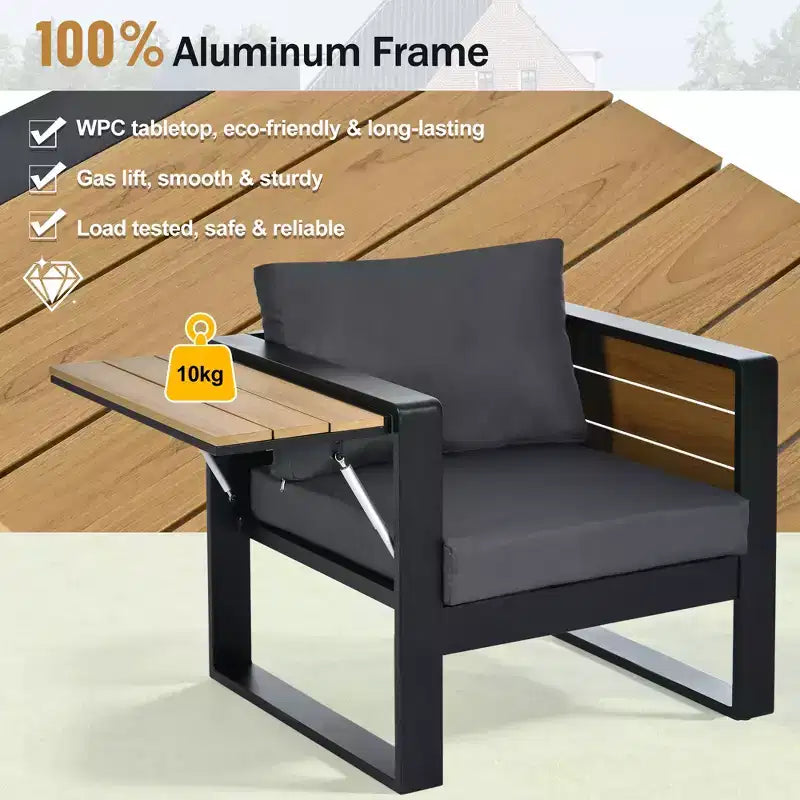 ModernLuxe 4pcs Outdoor Sofa Set Patio Conversation Set Garden Seating Set for 5 with Coffee Table, 3-Seat Sofa & 2 Armchairs with Fold-Out Side Table