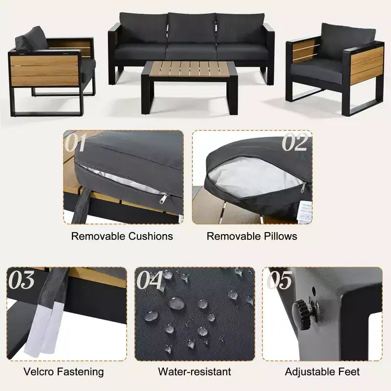 ModernLuxe 4pcs Outdoor Sofa Set Patio Conversation Set Garden Seating Set for 5 with Coffee Table, 3-Seat Sofa & 2 Armchairs with Fold-Out Side Table