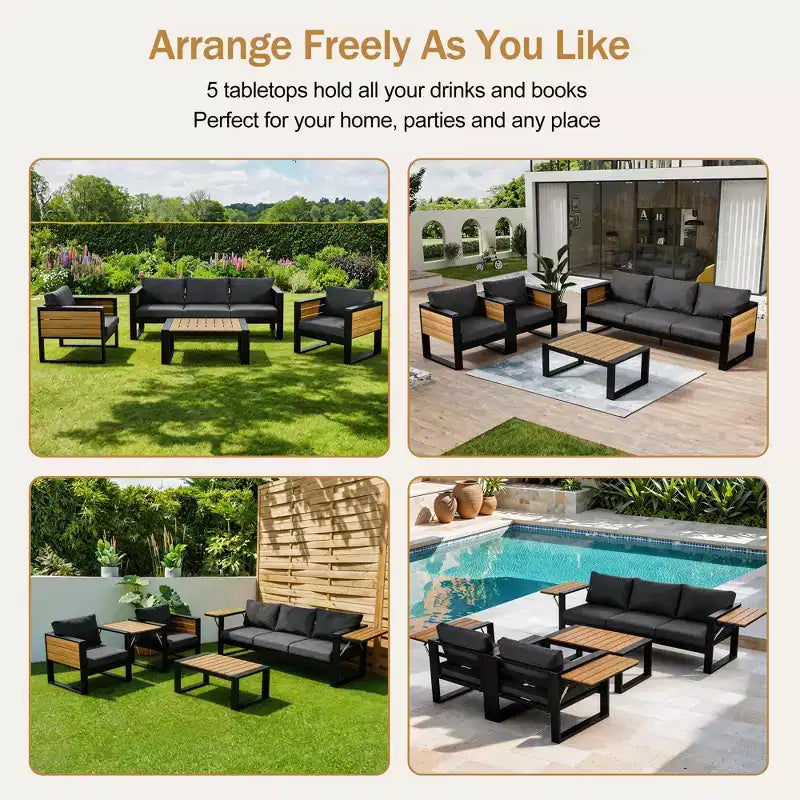 ModernLuxe 4pcs Outdoor Sofa Set Patio Conversation Set Garden Seating Set for 5 with Coffee Table, 3-Seat Sofa & 2 Armchairs with Fold-Out Side Table