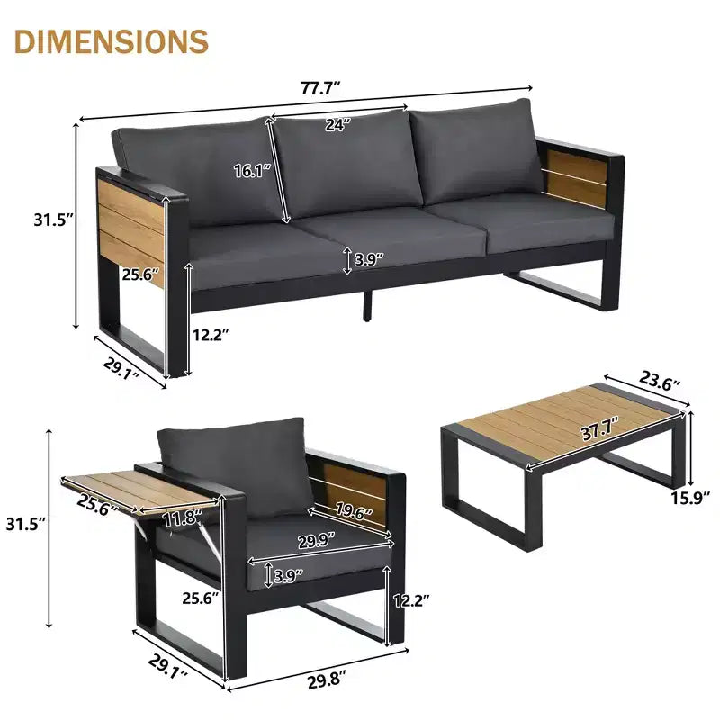 ModernLuxe 4pcs Outdoor Sofa Set Patio Conversation Set Garden Seating Set for 5 with Coffee Table, 3-Seat Sofa & 2 Armchairs with Fold-Out Side Table