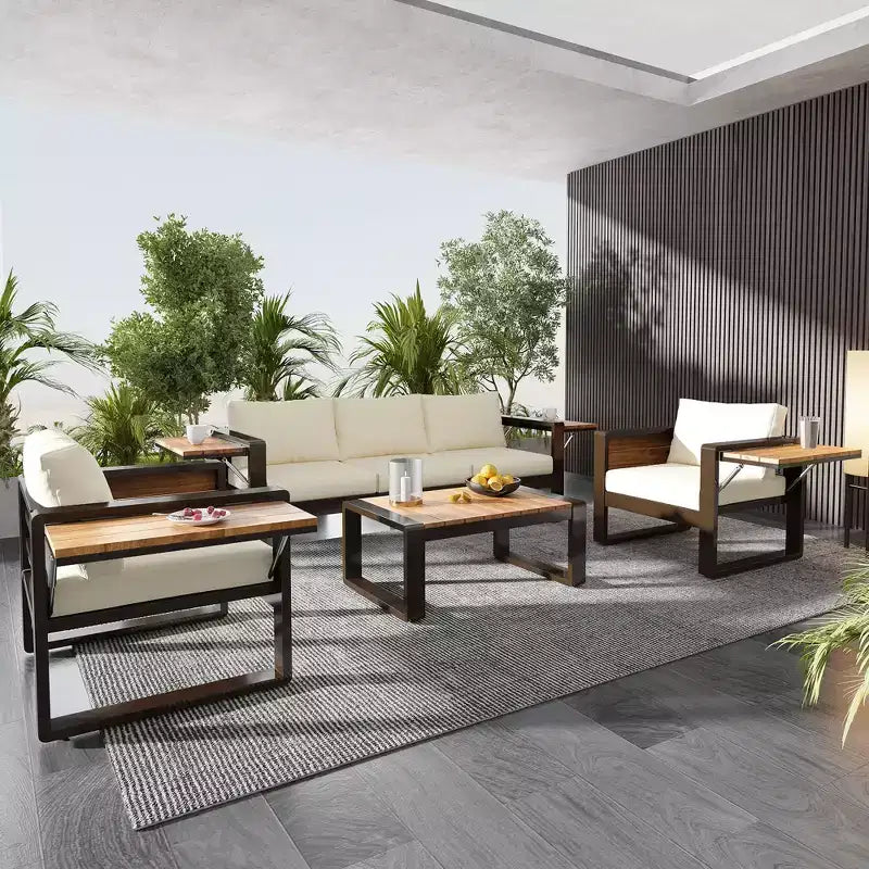 ModernLuxe 4pcs Outdoor Sofa Set Patio Conversation Set Garden Seating Set for 5 with Coffee Table, 3-Seat Sofa & 2 Armchairs with Fold-Out Side Table