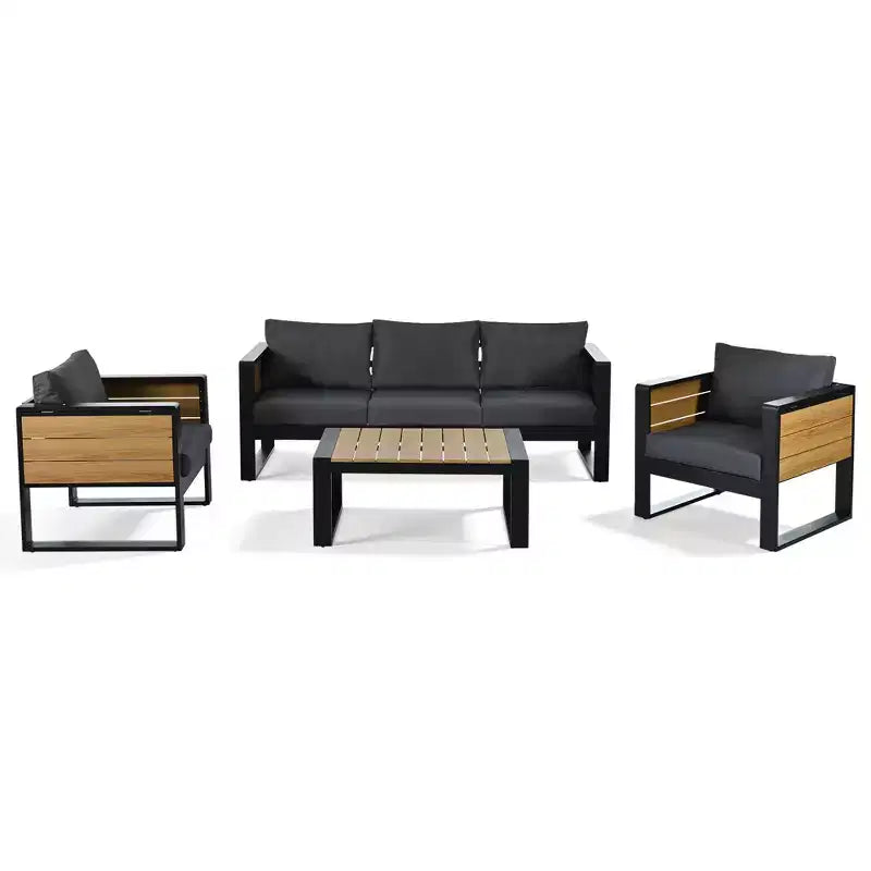 ModernLuxe 4pcs Outdoor Sofa Set Patio Conversation Set Garden Seating Set for 5 with Coffee Table, 3-Seat Sofa & 2 Armchairs with Fold-Out Side Table