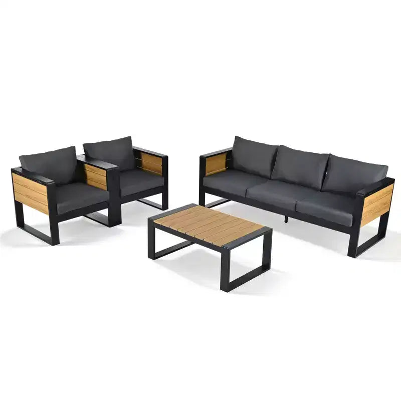 ModernLuxe 4pcs Outdoor Sofa Set Patio Conversation Set Garden Seating Set for 5 with Coffee Table, 3-Seat Sofa & 2 Armchairs with Fold-Out Side Table