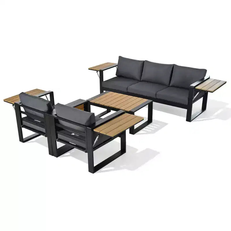 ModernLuxe 4pcs Outdoor Sofa Set Patio Conversation Set Garden Seating Set for 5 with Coffee Table, 3-Seat Sofa & 2 Armchairs with Fold-Out Side Table