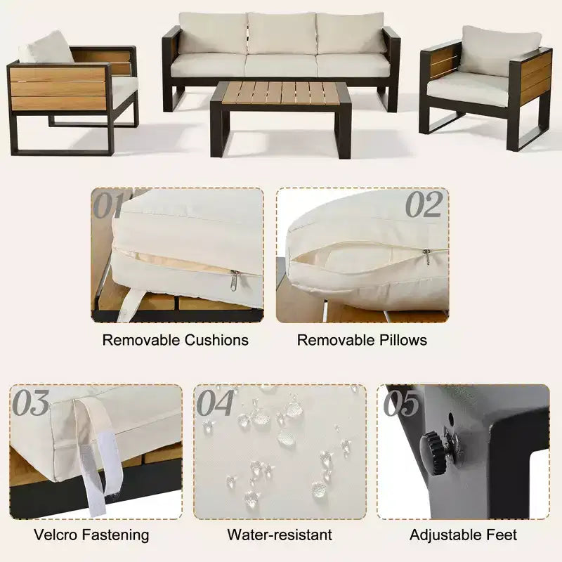ModernLuxe 4pcs Outdoor Sofa Set Patio Conversation Set Garden Seating Set for 5 with Coffee Table, 3-Seat Sofa & 2 Armchairs with Fold-Out Side Table