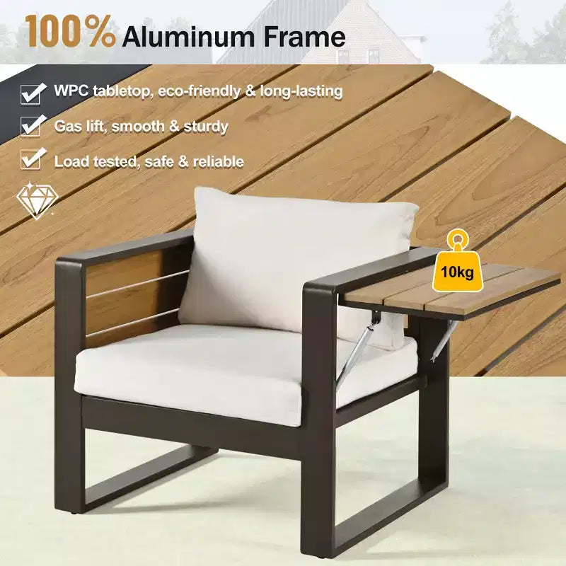ModernLuxe 4pcs Outdoor Sofa Set Patio Conversation Set Garden Seating Set for 5 with Coffee Table, 3-Seat Sofa & 2 Armchairs with Fold-Out Side Table