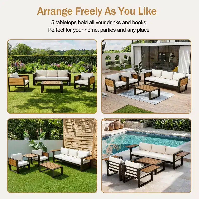 ModernLuxe 4pcs Outdoor Sofa Set Patio Conversation Set Garden Seating Set for 5 with Coffee Table, 3-Seat Sofa & 2 Armchairs with Fold-Out Side Table