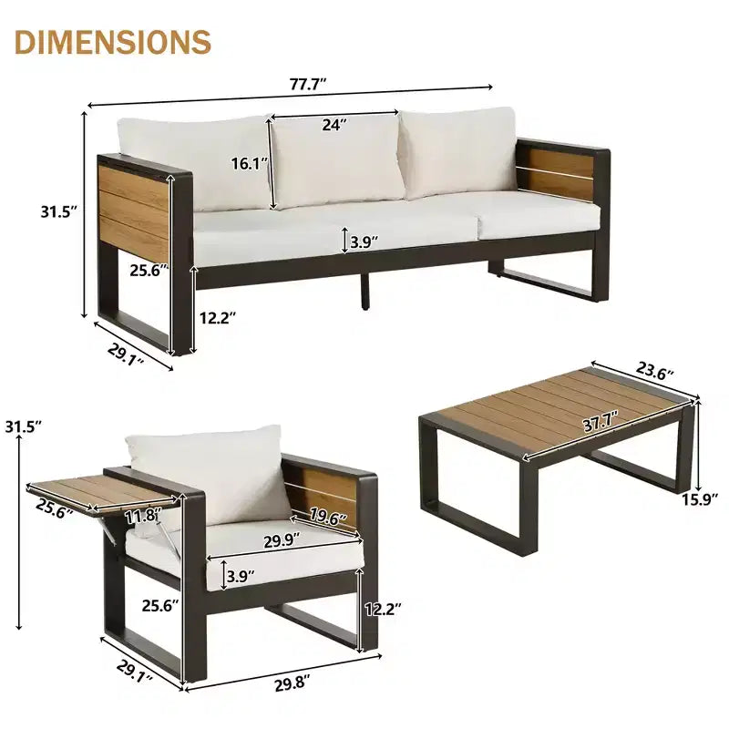 ModernLuxe 4pcs Outdoor Sofa Set Patio Conversation Set Garden Seating Set for 5 with Coffee Table, 3-Seat Sofa & 2 Armchairs with Fold-Out Side Table