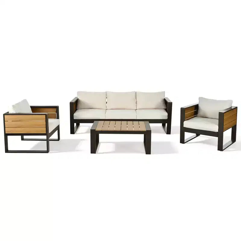 ModernLuxe 4pcs Outdoor Sofa Set Patio Conversation Set Garden Seating Set for 5 with Coffee Table, 3-Seat Sofa & 2 Armchairs with Fold-Out Side Table
