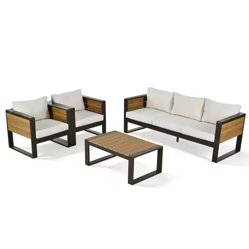 ModernLuxe 4pcs Outdoor Sofa Set Patio Conversation Set Garden Seating Set for 5 with Coffee Table, 3-Seat Sofa & 2 Armchairs with Fold-Out Side Table