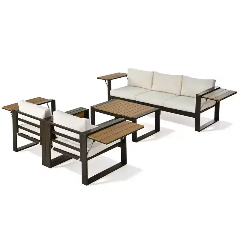 ModernLuxe 4pcs Outdoor Sofa Set Patio Conversation Set Garden Seating Set for 5 with Coffee Table, 3-Seat Sofa & 2 Armchairs with Fold-Out Side Table