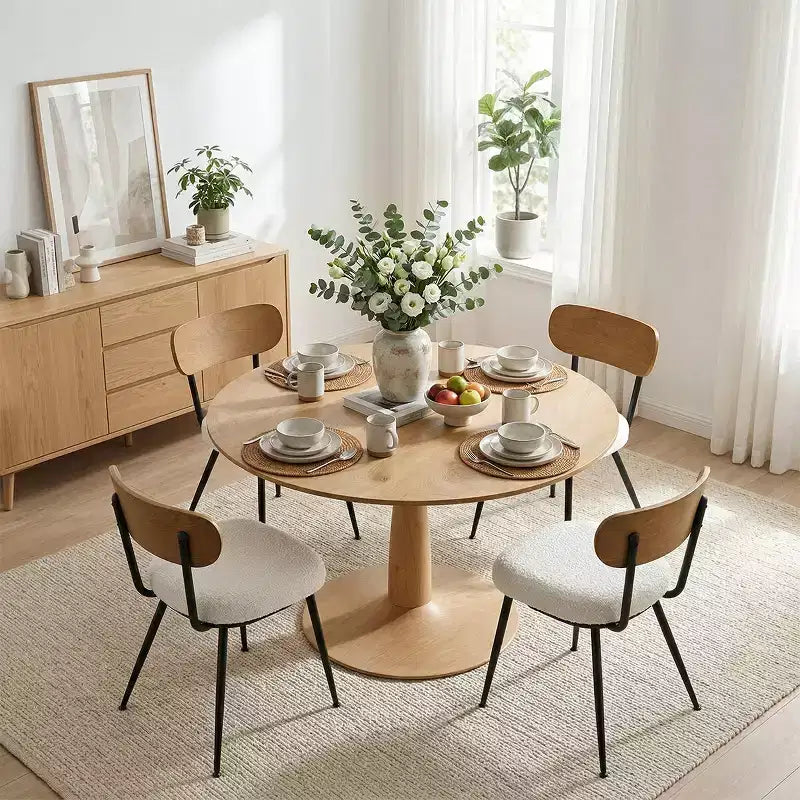 Modern 5-Piece Round Dining Table Set, 39.5 Pedestal Kitchen Dining Set with 4 Boucle Upholstered Chairs for Kitchen & Dining Room-Panipeachy