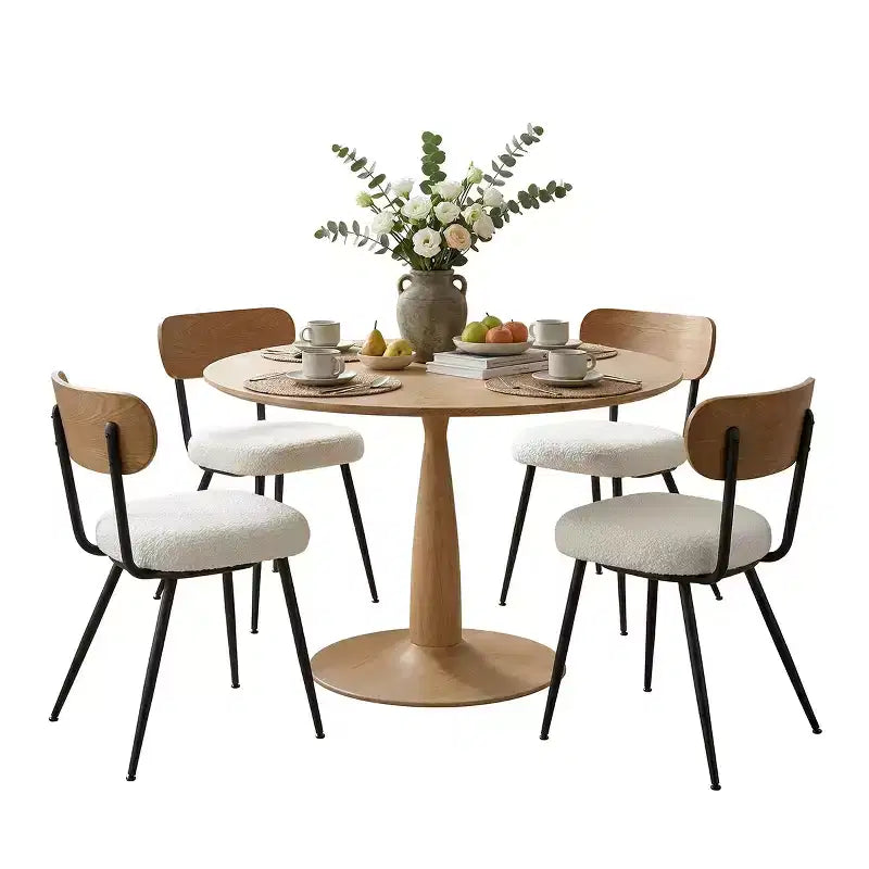 Modern 5-Piece Round Dining Table Set, 39.5 Pedestal Kitchen Dining Set with 4 Boucle Upholstered Chairs for Kitchen & Dining Room-Panipeachy
