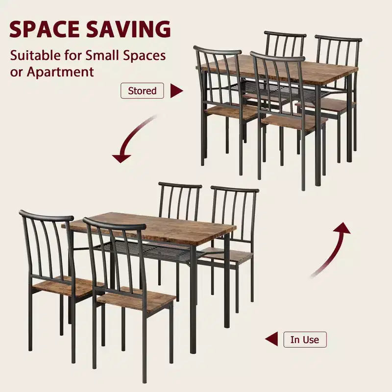 Brown Farmhouse 5-Piece Dining Set for 4, Rectangular Wood Kitchen Table with 4 Chairs & Storage Shelf for Dining Room Small Spaces