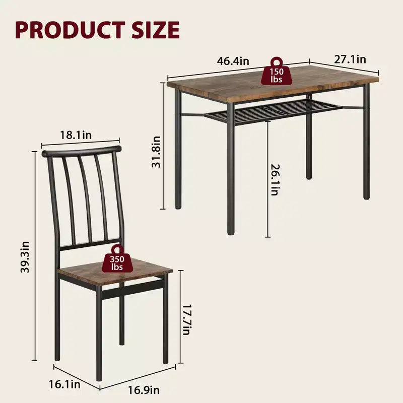Brown Farmhouse 5-Piece Dining Set for 4, Rectangular Wood Kitchen Table with 4 Chairs & Storage Shelf for Dining Room Small Spaces
