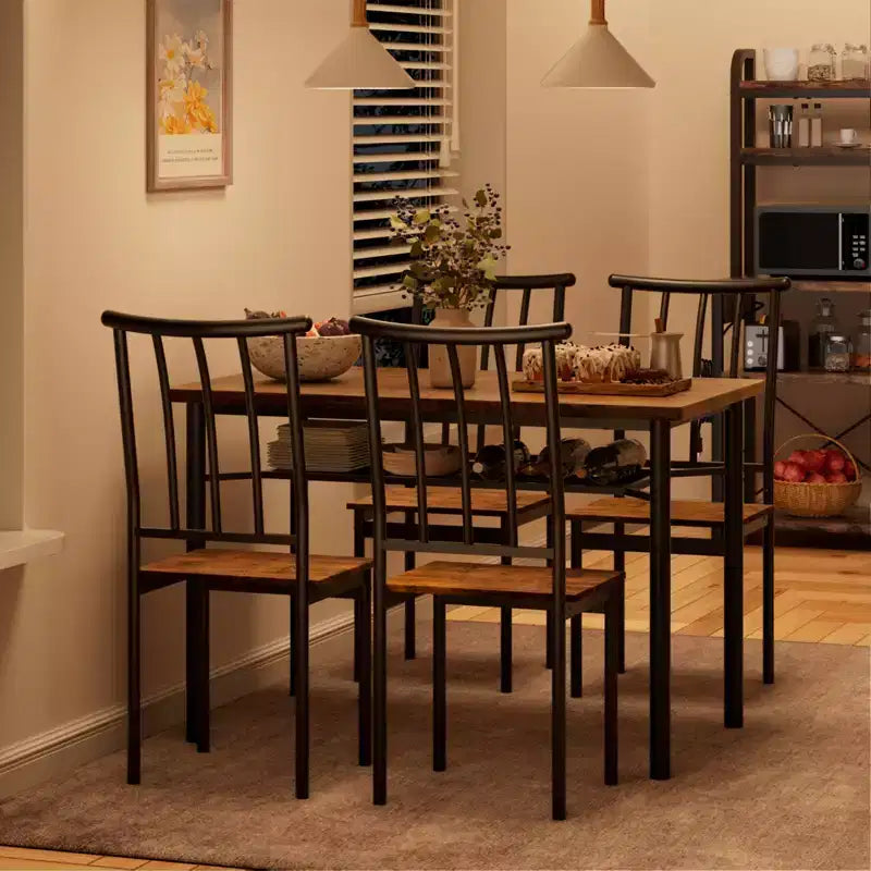 Brown Farmhouse 5-Piece Dining Set for 4, Rectangular Wood Kitchen Table with 4 Chairs & Storage Shelf for Dining Room Small Spaces