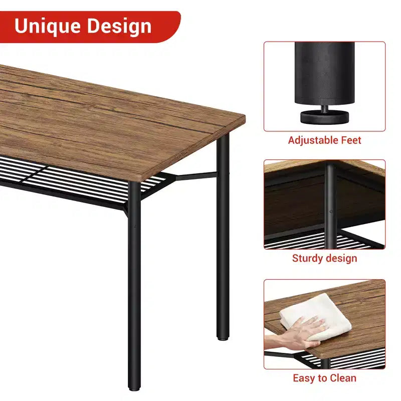 Brown Farmhouse 5-Piece Dining Set for 4, Rectangular Wood Kitchen Table with 4 Chairs & Storage Shelf for Dining Room Small Spaces