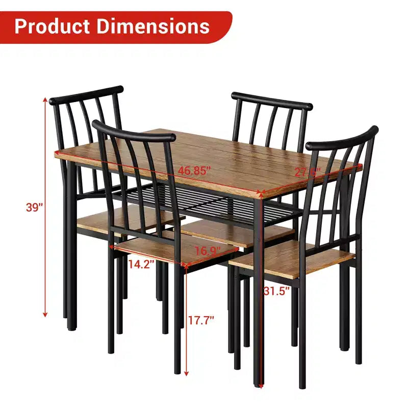Brown Farmhouse 5-Piece Dining Set for 4, Rectangular Wood Kitchen Table with 4 Chairs & Storage Shelf for Dining Room Small Spaces