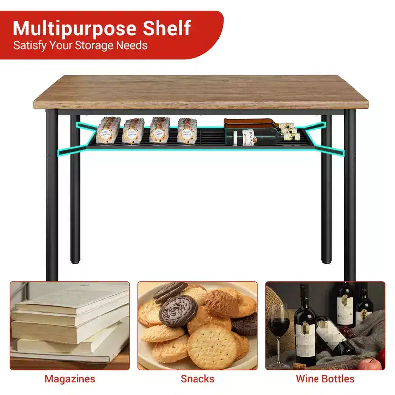 Brown Farmhouse 5-Piece Dining Set for 4, Rectangular Wood Kitchen Table with 4 Chairs & Storage Shelf for Dining Room Small Spaces