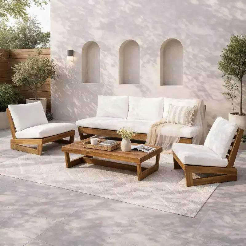 Christopher Knight Home Iman Modern 4 Piece Patio Acacia Seating Set with Cushion and Slatted Coffee Table