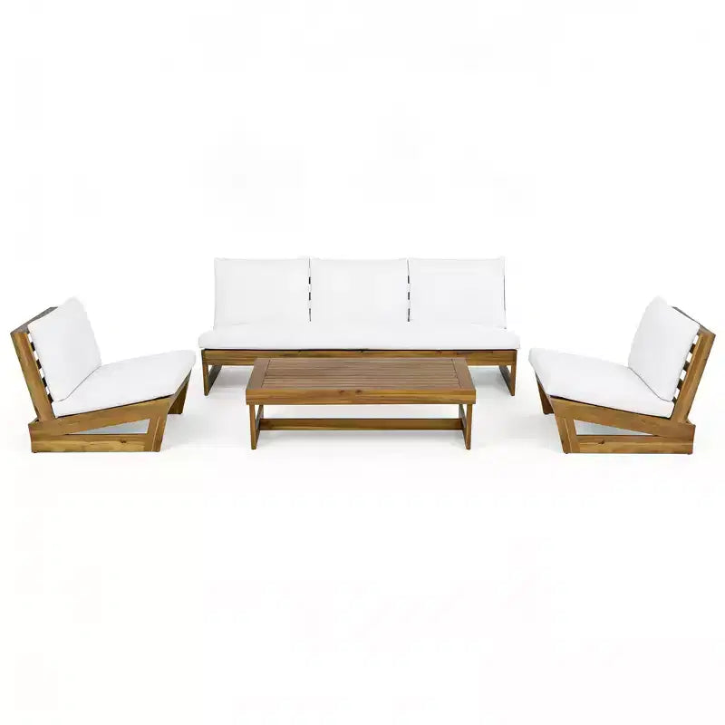 Christopher Knight Home Iman Modern 4 Piece Patio Acacia Seating Set with Cushion and Slatted Coffee Table