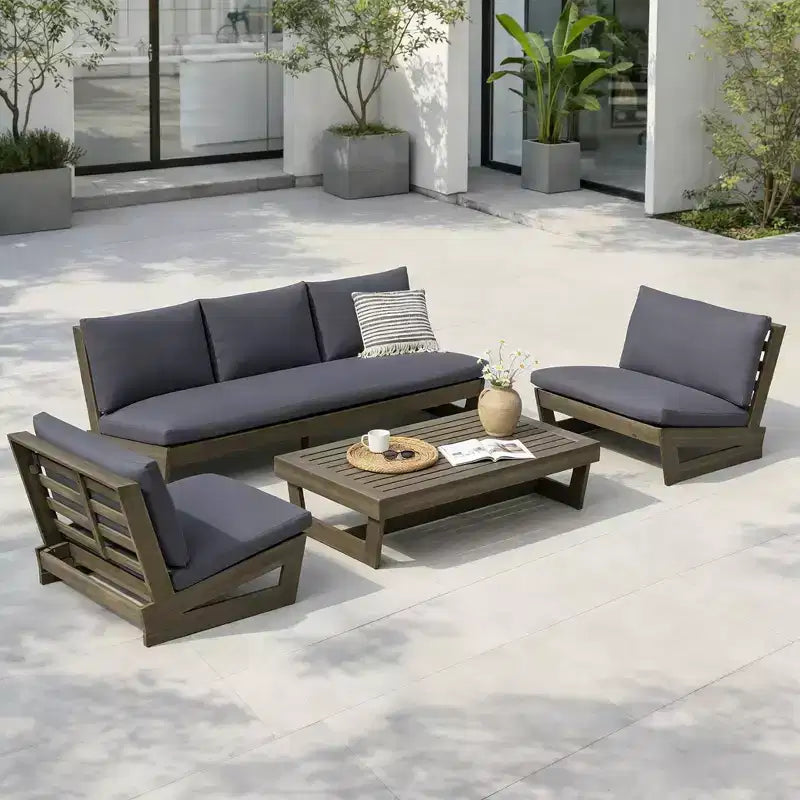 Christopher Knight Home Iman Modern 4 Piece Patio Acacia Seating Set with Cushion and Slatted Coffee Table