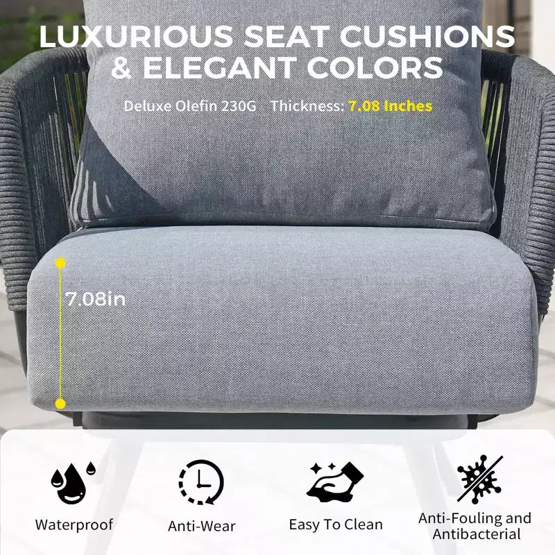 GDFStudio Lowell 4-Piece Outdoor Rope Woven and Iron Conversation Set with Olefin Cushions