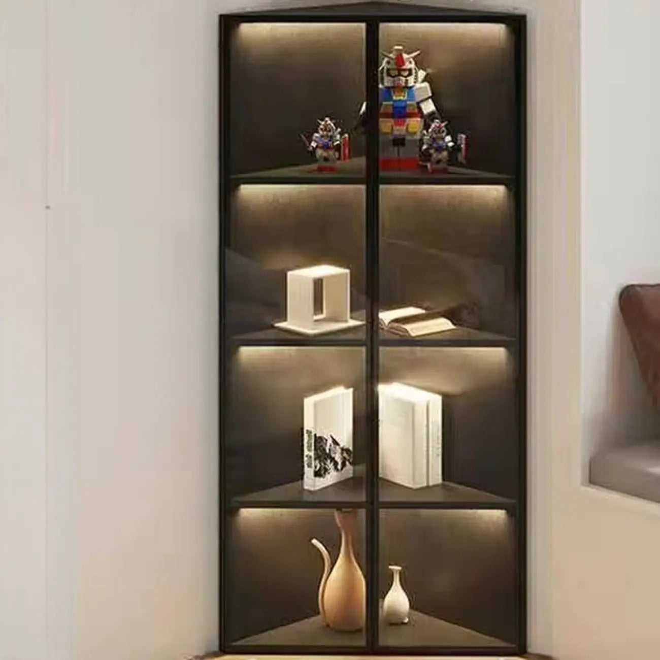 Vetrina ad angolo moderna in metallo grigio e legno con anta in vetro