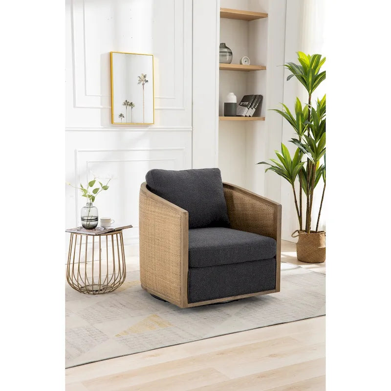 Poltrona a botte girevole, comoda poltrona rotonda d'accento, poltrona club a botte girevole a 360 gradi, poltrona relax con struttura in rattan intrecciato