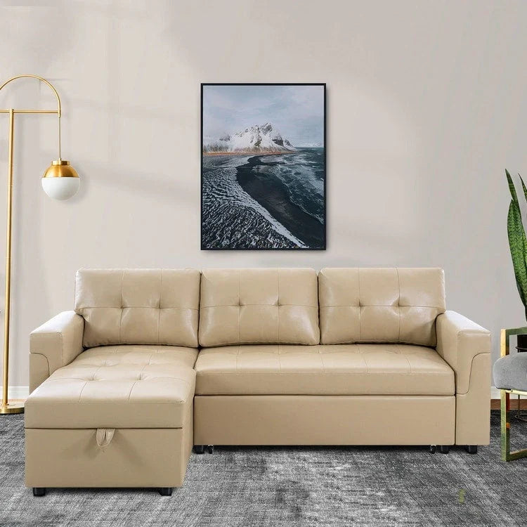 Divano sezionale reversibile con letto estraibile, chaise longue con contenitore nascosto, gambe durevoli,