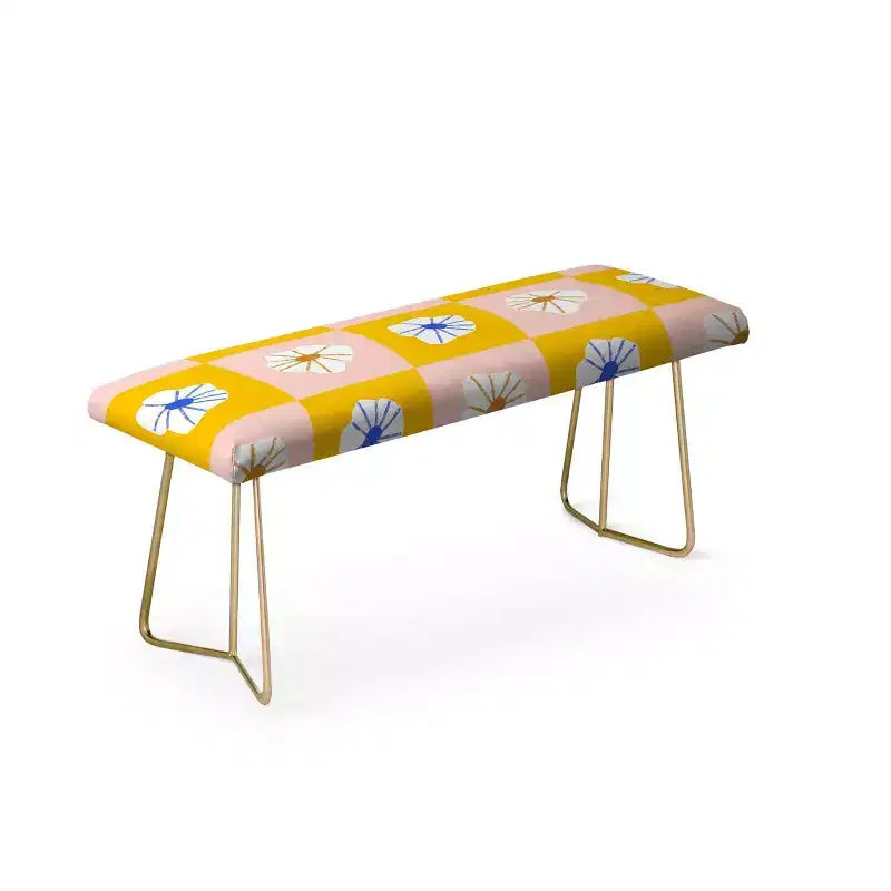 Panca Fiori a Quadri Bianchi Giallo - Rivestimento in Similpelle con Gambe in Acciaio