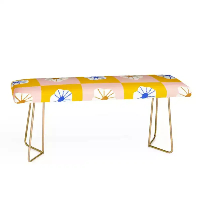 Panca Fiori a Quadri Bianchi Giallo - Rivestimento in Similpelle con Gambe in Acciaio