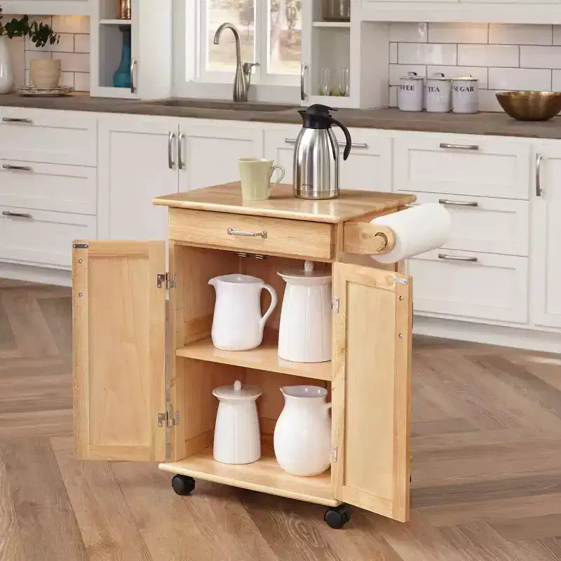 Carrello da Cucina Compatto con Piano in Legno Naturale, Marrone - Legno Massello, Rotelle, 1 Cassetto, 2 Ante