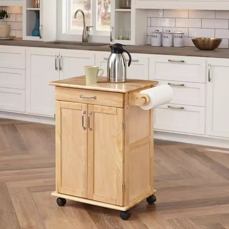 Carrello da Cucina Compatto con Piano in Legno Naturale, Marrone - Legno Massello, Rotelle, 1 Cassetto, 2 Ante