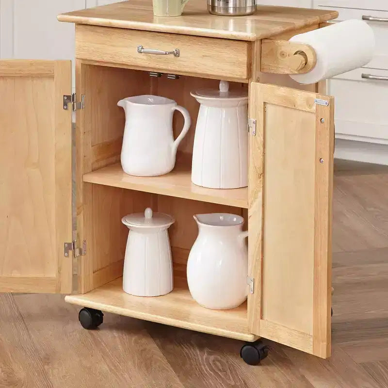 Carrello da Cucina Compatto con Piano in Legno Naturale, Marrone - Legno Massello, Rotelle, 1 Cassetto, 2 Ante