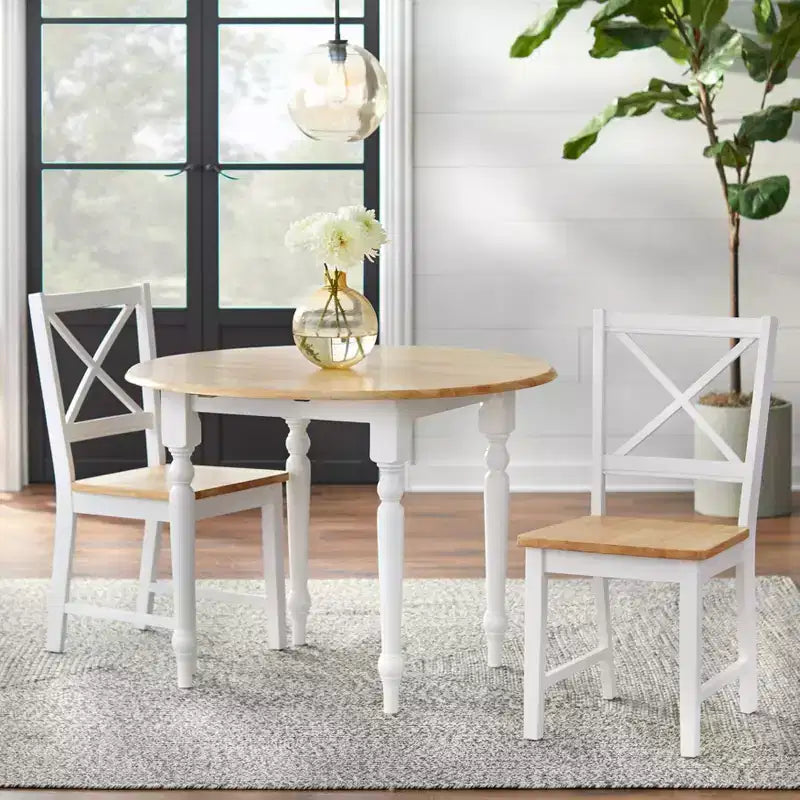Buylateral Lot de 3 meubles de salle à manger Virginia Farmhouse avec plateau rond à abattants, blanc/naturel