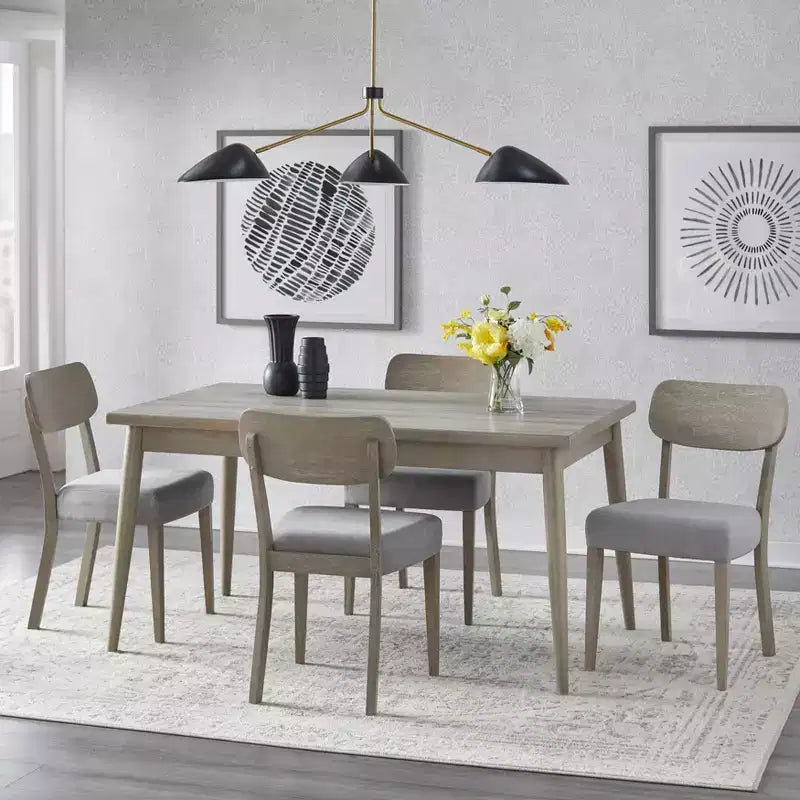 Lifestorey 5pc Carlisle Solid Wood Dining Set Light Gray: Mid-Century Modern, Rubberwood, Polyester Upholstery, Foam Fill