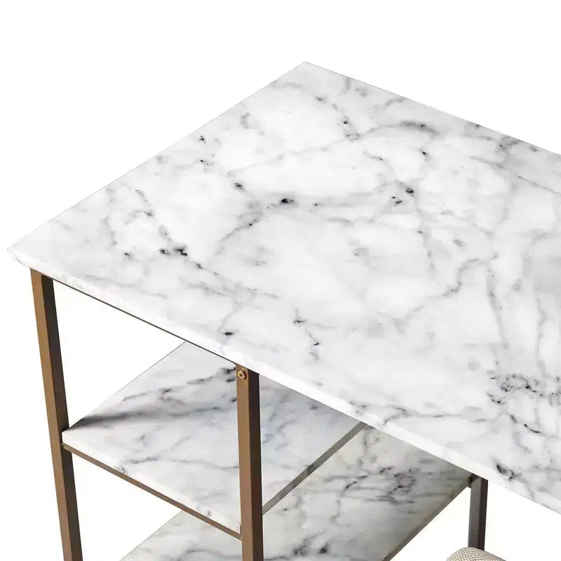 Teamson Home Marmo Breakfast Table Dining Set with Faux Marble Top Brass: 3-Piece, Modern Style, Lacquered Finish, Upholstered Stools