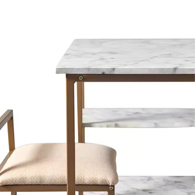 Teamson Home Marmo Breakfast Table Dining Set with Faux Marble Top Brass: 3-Piece, Modern Style, Lacquered Finish, Upholstered Stools