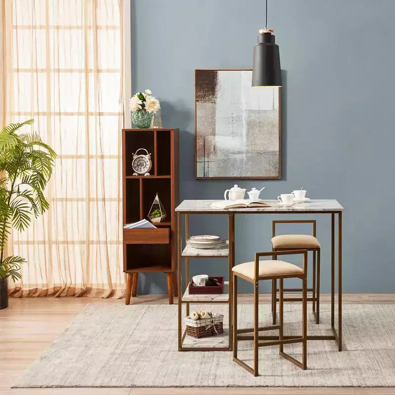 Teamson Home Marmo Breakfast Table Dining Set with Faux Marble Top Brass: 3-Piece, Modern Style, Lacquered Finish, Upholstered Stools