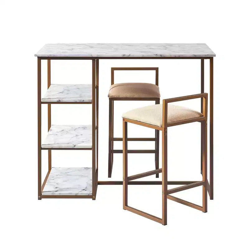 Teamson Home Marmo Breakfast Table Dining Set with Faux Marble Top Brass: 3-Piece, Modern Style, Lacquered Finish, Upholstered Stools