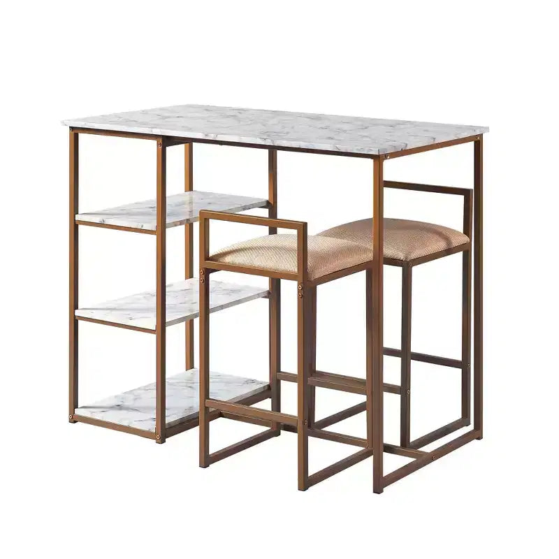 Teamson Home Marmo Breakfast Table Dining Set with Faux Marble Top Brass: 3-Piece, Modern Style, Lacquered Finish, Upholstered Stools