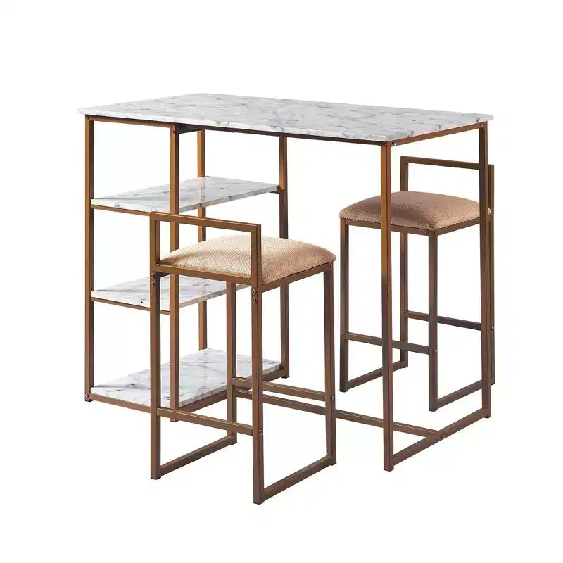 Teamson Home Marmo Breakfast Table Dining Set with Faux Marble Top Brass: 3-Piece, Modern Style, Lacquered Finish, Upholstered Stools
