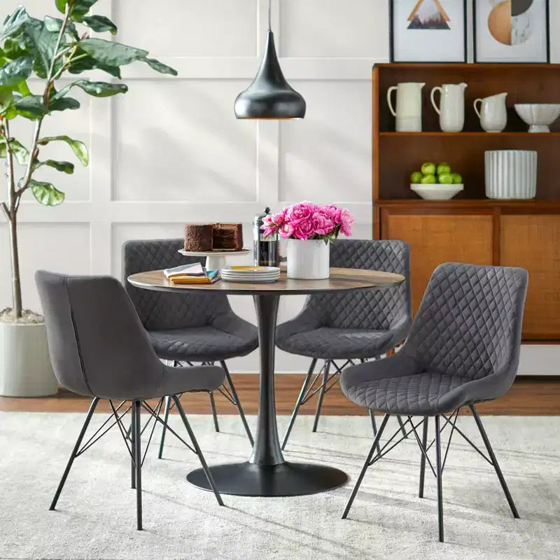 angelo:HOME 5pc Kavitt Dining Set Walnut: Modern Upholstered Chairs, Metal Frame, Pedestal Table