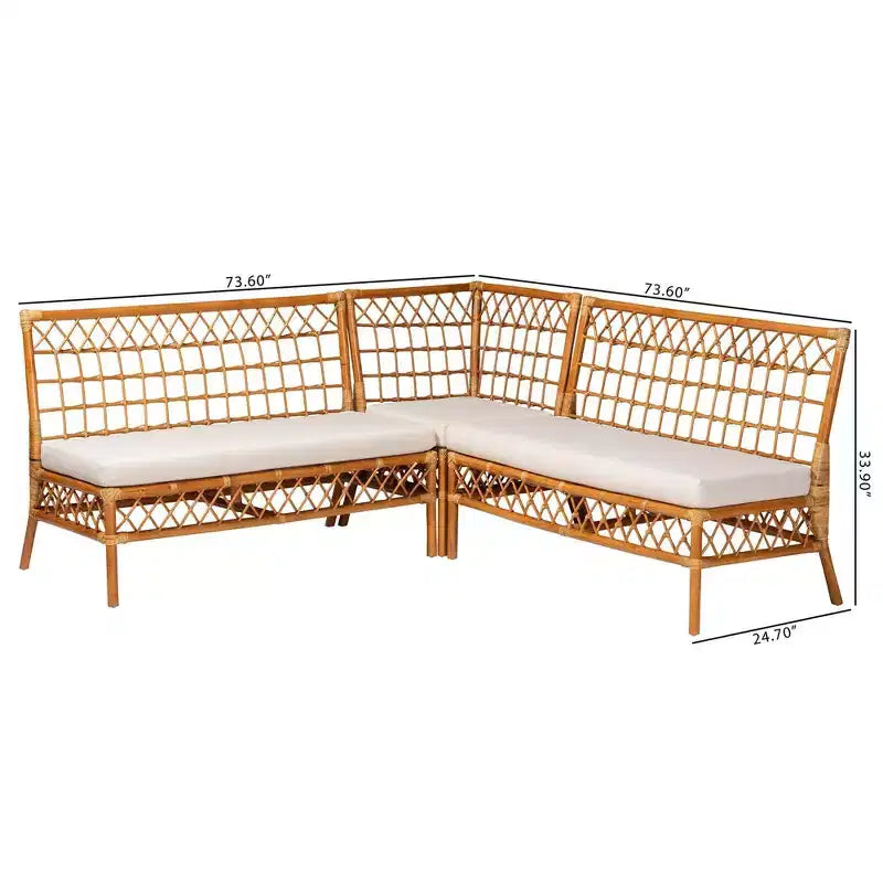 bali & pari Ensemble de banquette de salle à manger en rotin Capella 3 pièces Blanc/Miel clair : Fabriqué à la main, coussins en mousse, aucun assemblage requis