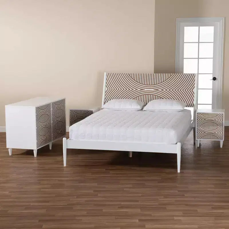 Baxton Studio Queen 4pc Louetta Carved Contrasting Bedroom Set White/Natural Brown