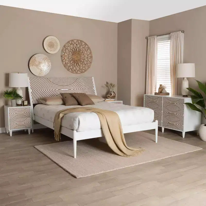 Baxton Studio Queen 4pc Louetta Carved Contrasting Bedroom Set White/Natural Brown