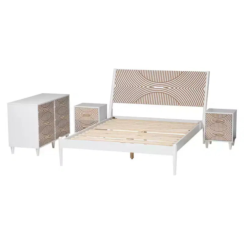 Baxton Studio Queen 4pc Louetta Carved Contrasting Bedroom Set White/Natural Brown