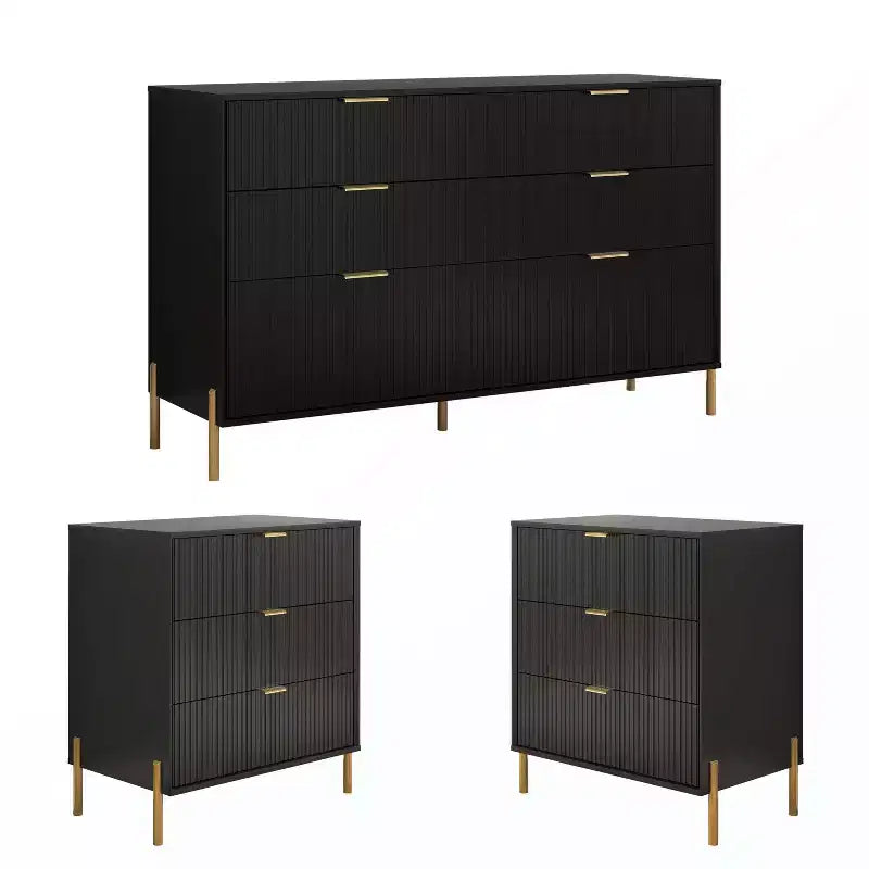 Festivo 3pc Modern Elegance 3 Drawer Nightstands and 6 Drawer Dresser Set Black