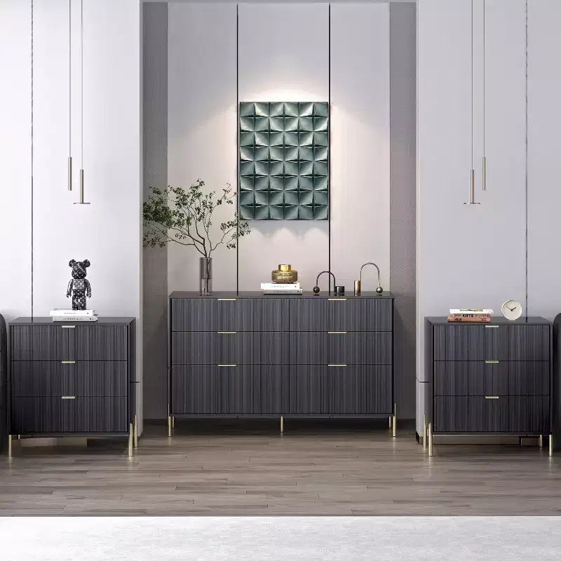 Festivo Ensemble commode 6 tiroirs et 2 tables de chevet 3 tiroirs Élegance Moderne Noir